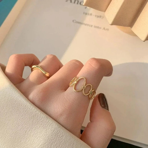 925 Gold Stackable Ring Geometric Oval Link Minimalist Wave Adjustable Ring - Picture 6 of 8